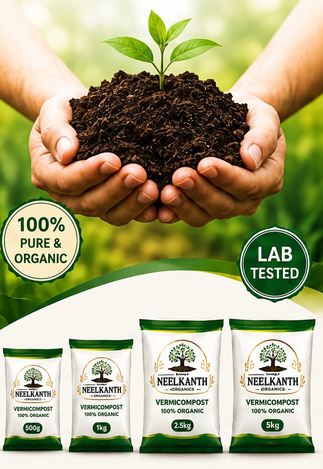 Hands holding rich organic vermicompost with plant sprouting — Shree Neelkanth Organics